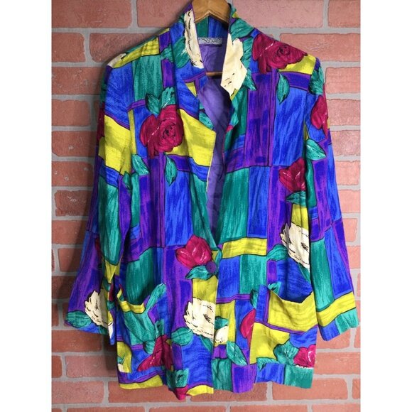 Vintage 80s Womens Blazer Vibrant Colorful Busy Print Shoulder Pads Size Large - Picture 5 of 10